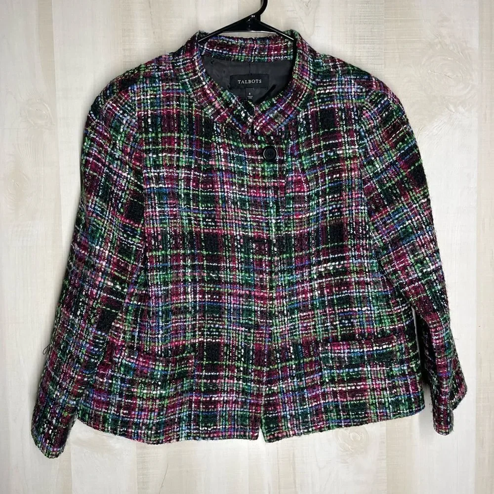 Talbots black‎ and multi color tweed blazer 3 button, size 8